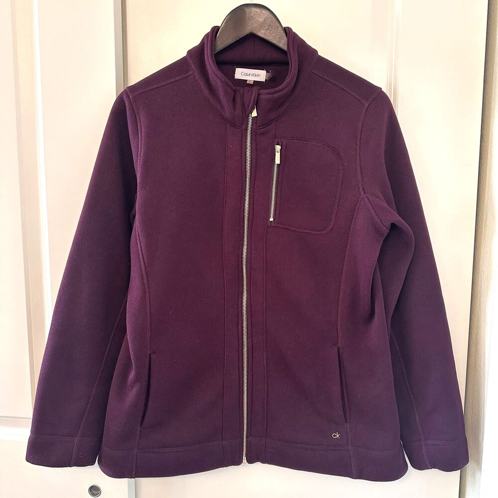 Calvin Klein Women's Full-Zip High Neck Fleece Jacket Purple Sweater Size L - Picture 2 of 9